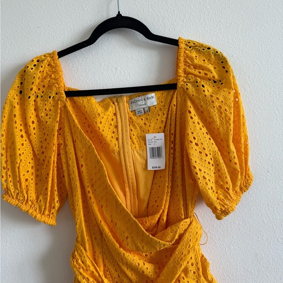 NWT Sachin & Babi Yellow Eyelet Ruffled Hem Belted Puff Sleeves Dress - Picture 3 of 6